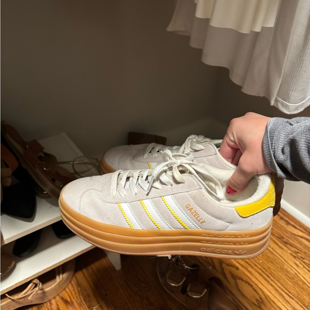 adidas Gazelle Cream Suede Sneakers with Yellow Stripes
